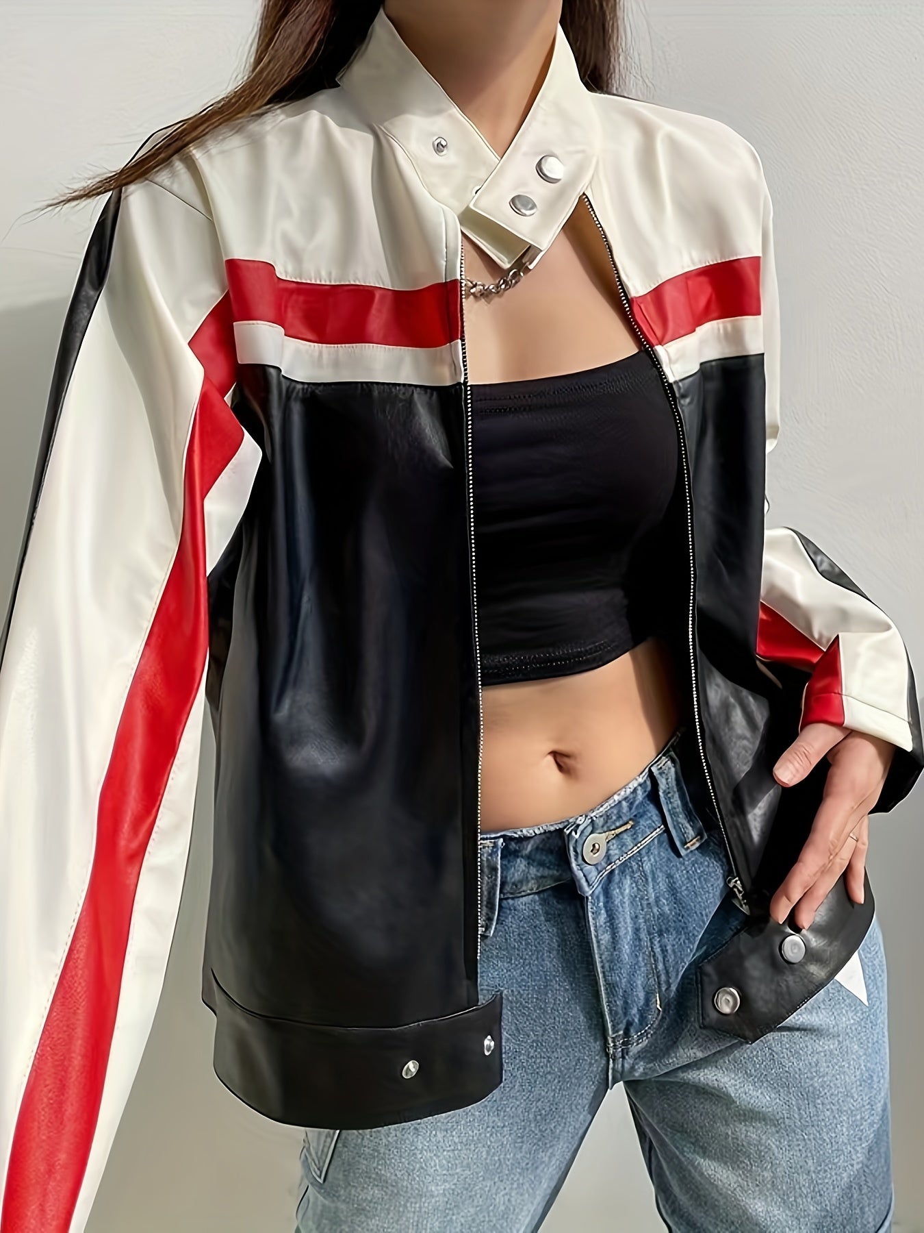 Striped Color Block Moto Jacket