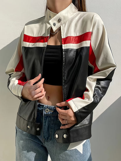 Striped Color Block Moto Jacket